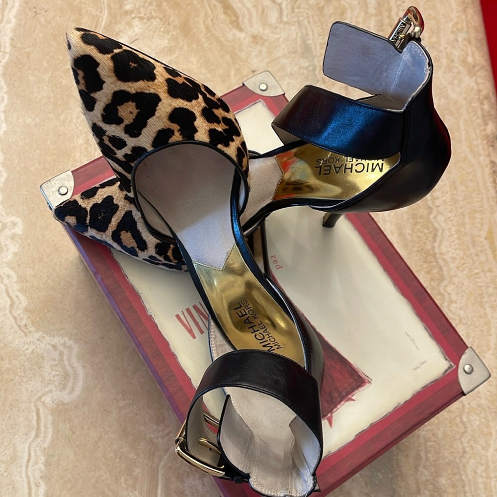 Michael Michael Kors Animal Print/Black Ankle. Strap Stilettos